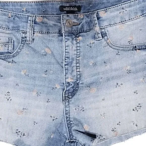 Wild Fable Rose Print Denim Jean Cut Off Shorts Jr Sz 9 Raw Fringe Hem - Picture 8 of 10